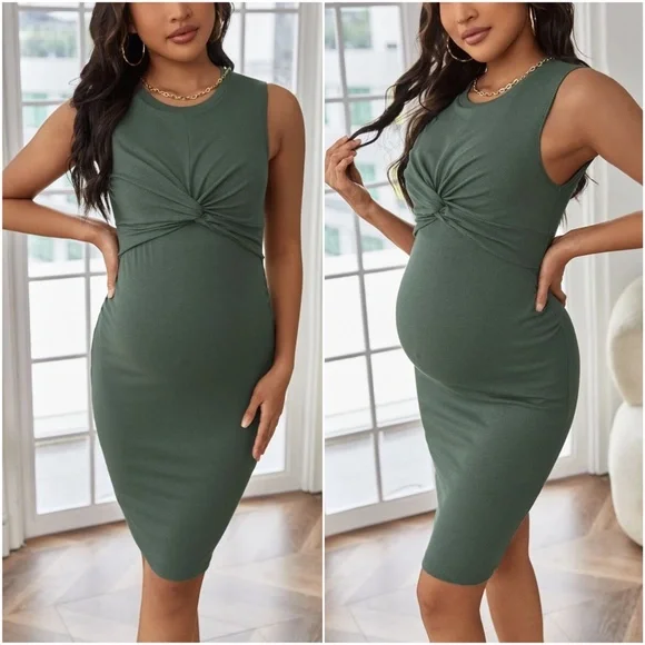 Maternity Ruched Sleeveless Ribbed Fitted Dress - Picture 5 of 7
